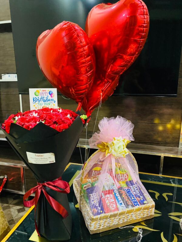 flowers with chocolate basket