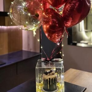 Customized Cake In Acrylic Box With Balloons