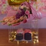 Bento Cake in acrylic box with bouquet