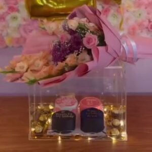 Bento Cake in acrylic box with bouquet